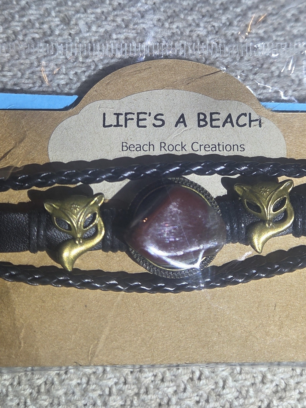 Life's A Beach Fox & Red Jasper Leather Look Wrap Bracelet - Black W/Brass Acc